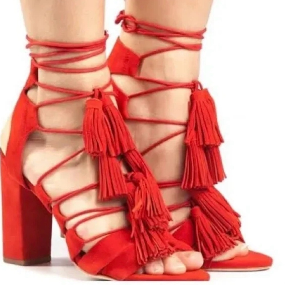 Loeffler Randall Red Suede Lace Up Ankle Tie Heel Sandals Size 7 Tassels